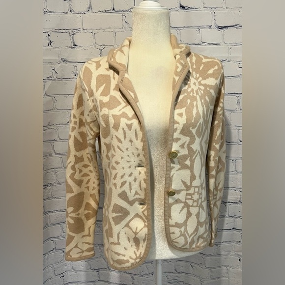 Isaac Mizrahi Live Floral Jacquard Sweater Blazer-Tan & Cream- 2 Button size XS - Picture 2 of 6